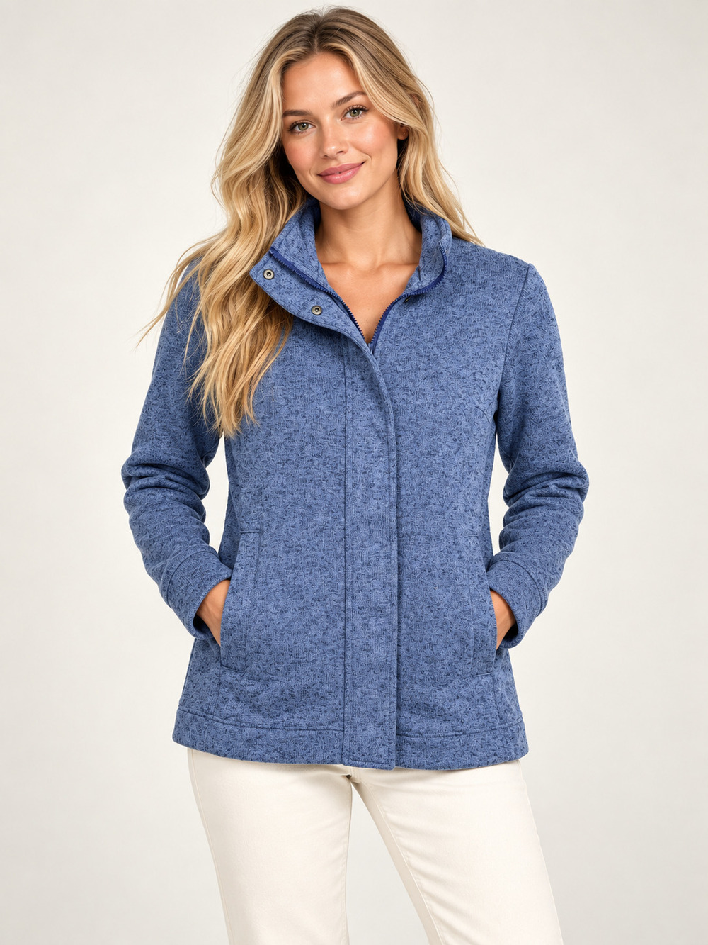 Lands' End Fleece Jacket Heather Blue Stand Collar Petite MP #A4865